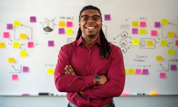 teacher at whiteboard with notes